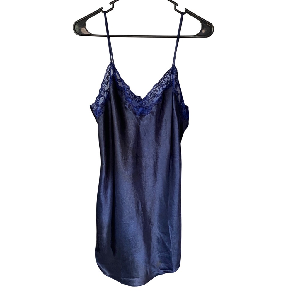 La Mouette Navy Blue Satin Lace Trim‎ Chemise Slip Dress Nightgown Medium